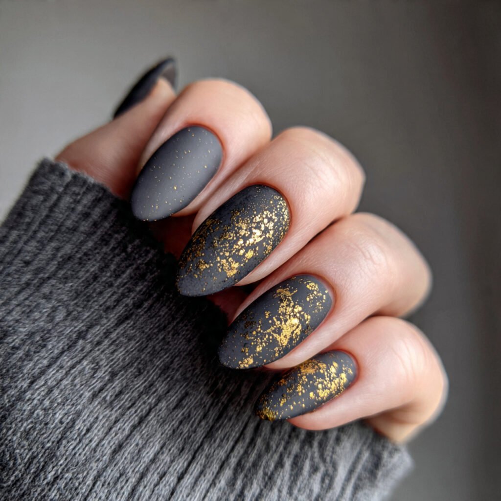 matte charcoal with gold speckles attractive nails