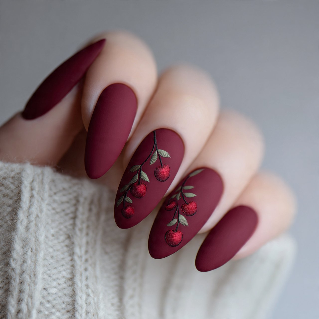 matte cherry red nature looks nails