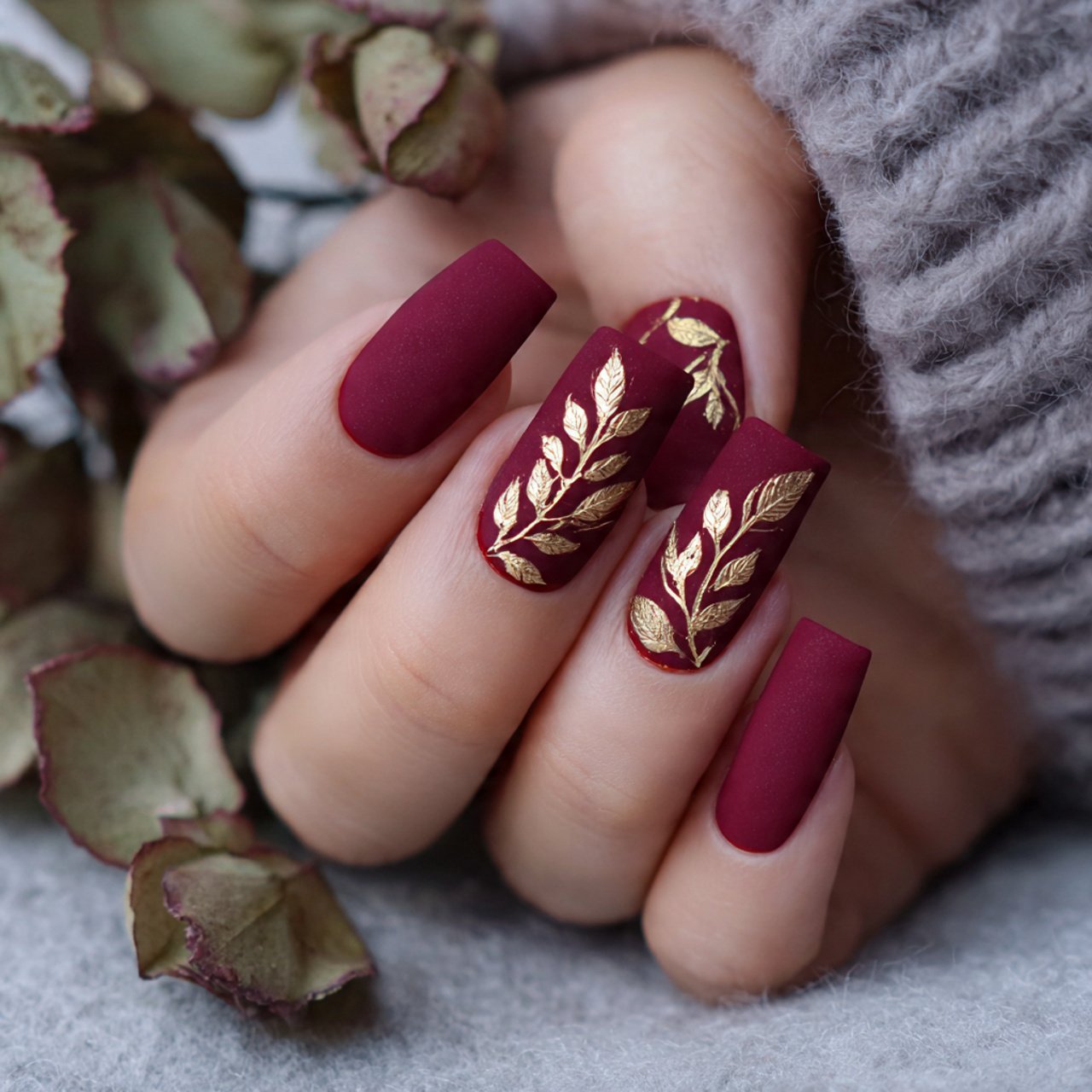 matte dark red with gold accents nature look nails