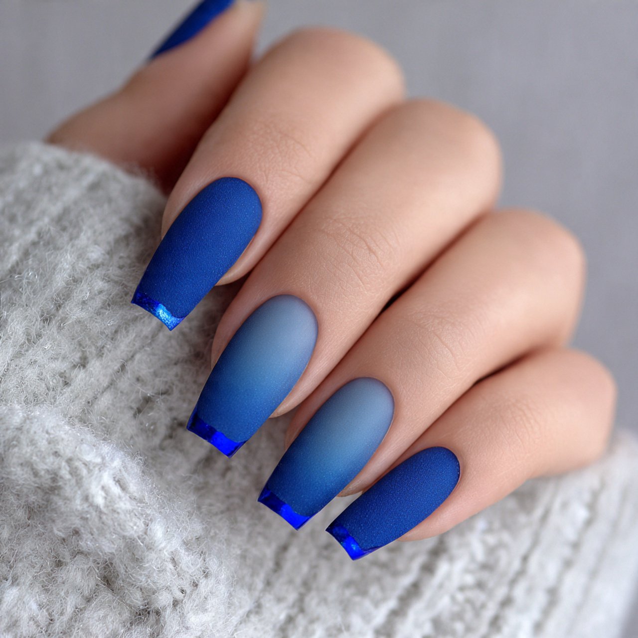 matte denim blue with glossy tips attractive nails