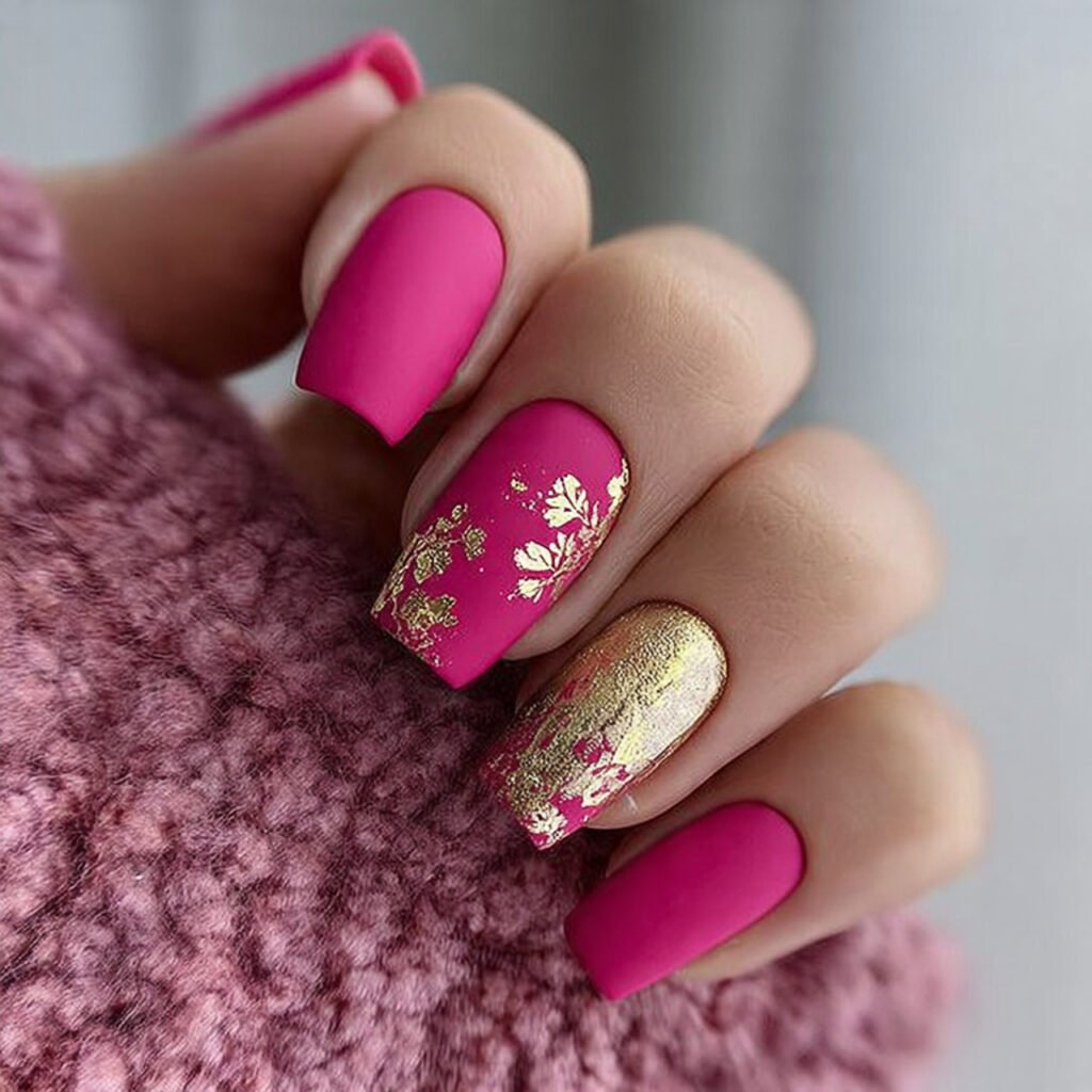 matte hot pink gold foil accent attractive nails