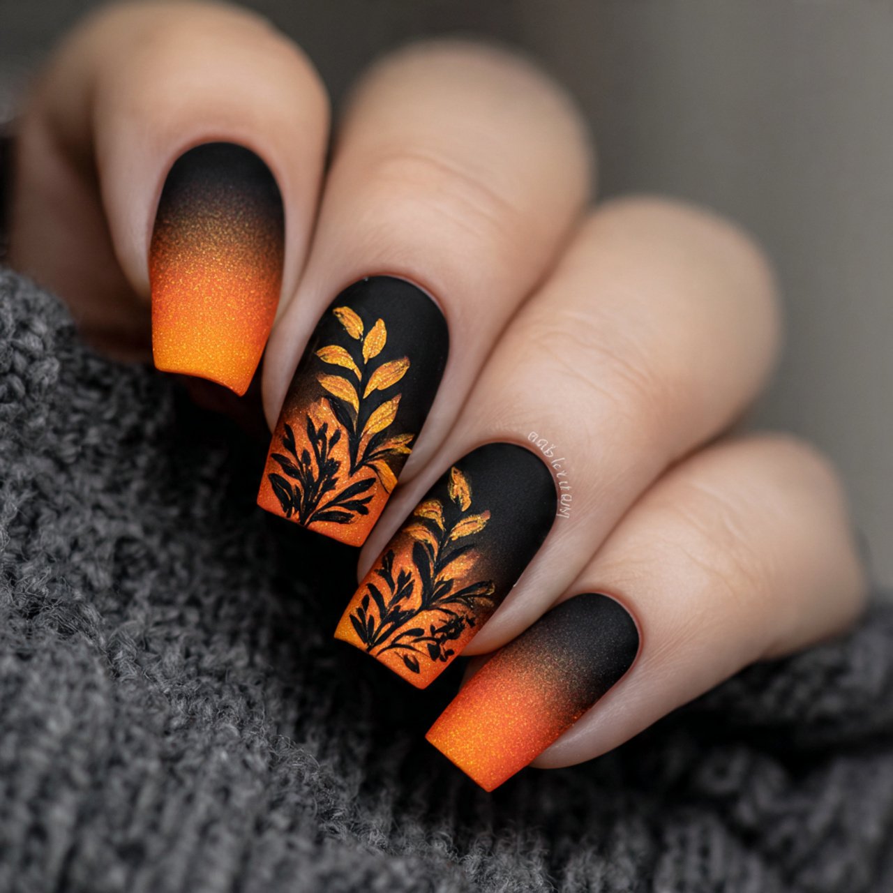 matte orange black gradient nature look nails