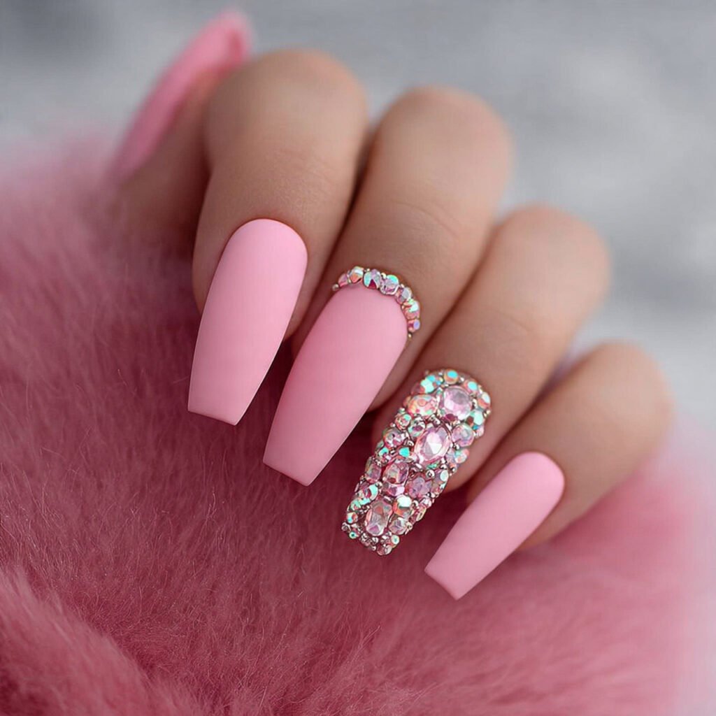 matte pink with rhinestones attractive nails 1