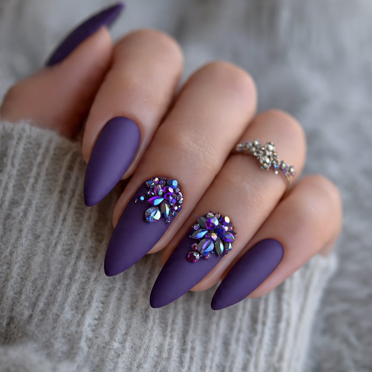 matte purple almond nails with crystal embellishme