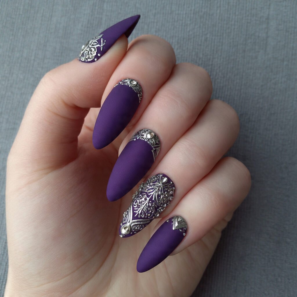 matte purple with silver detailing attractive nail