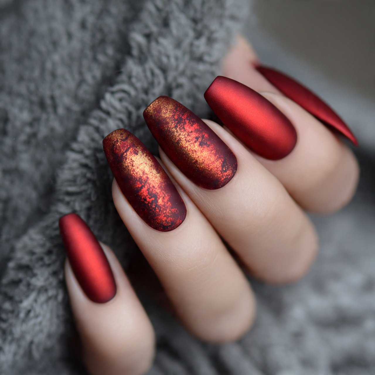 matte red chrome nature look nails