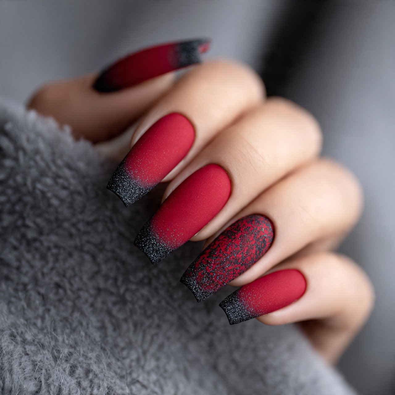 matte red with black glitter tips attractive nails