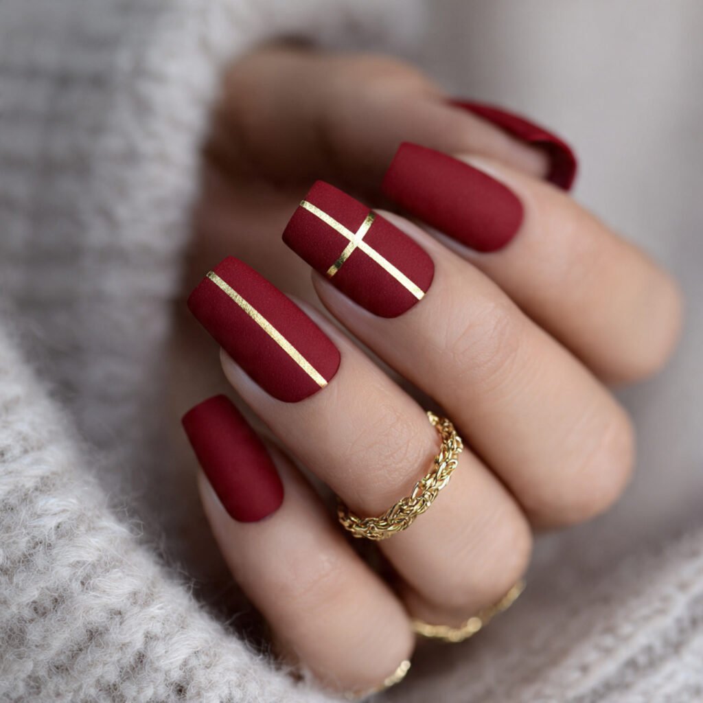 matte red with gold accents attractive nails