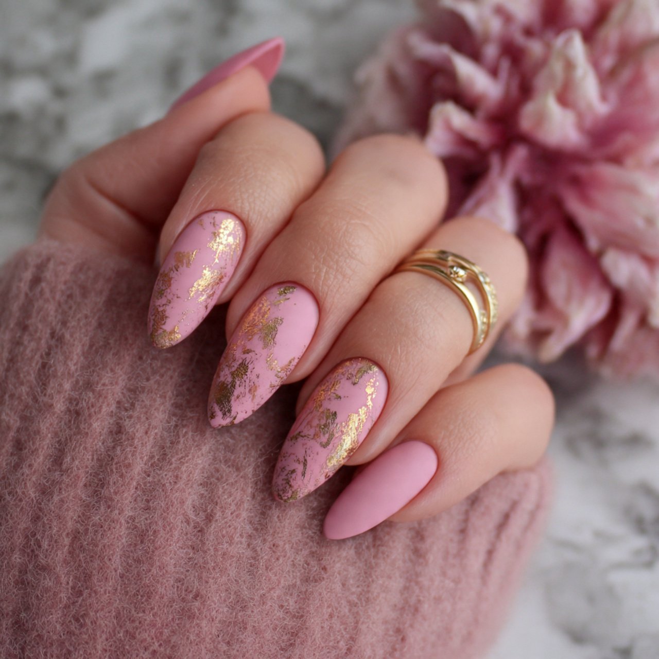matte rose pink with gold foil nature look nails