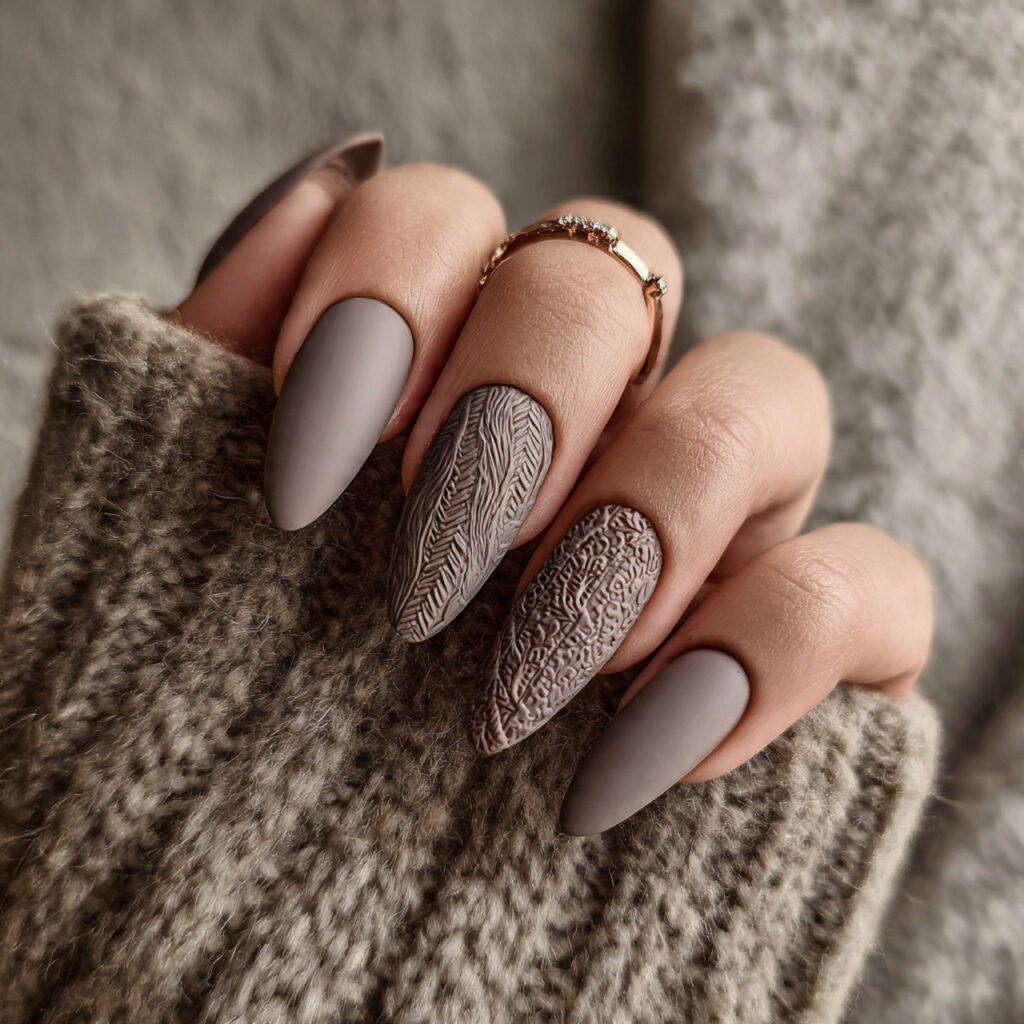 matte taupe with textured details attractive nails
