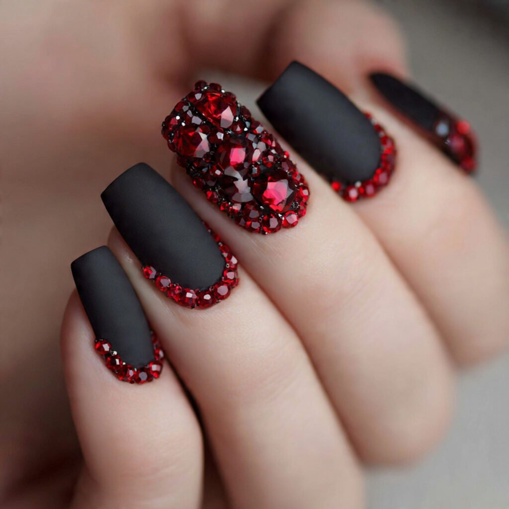 matte black with red rhinestones attractive nails