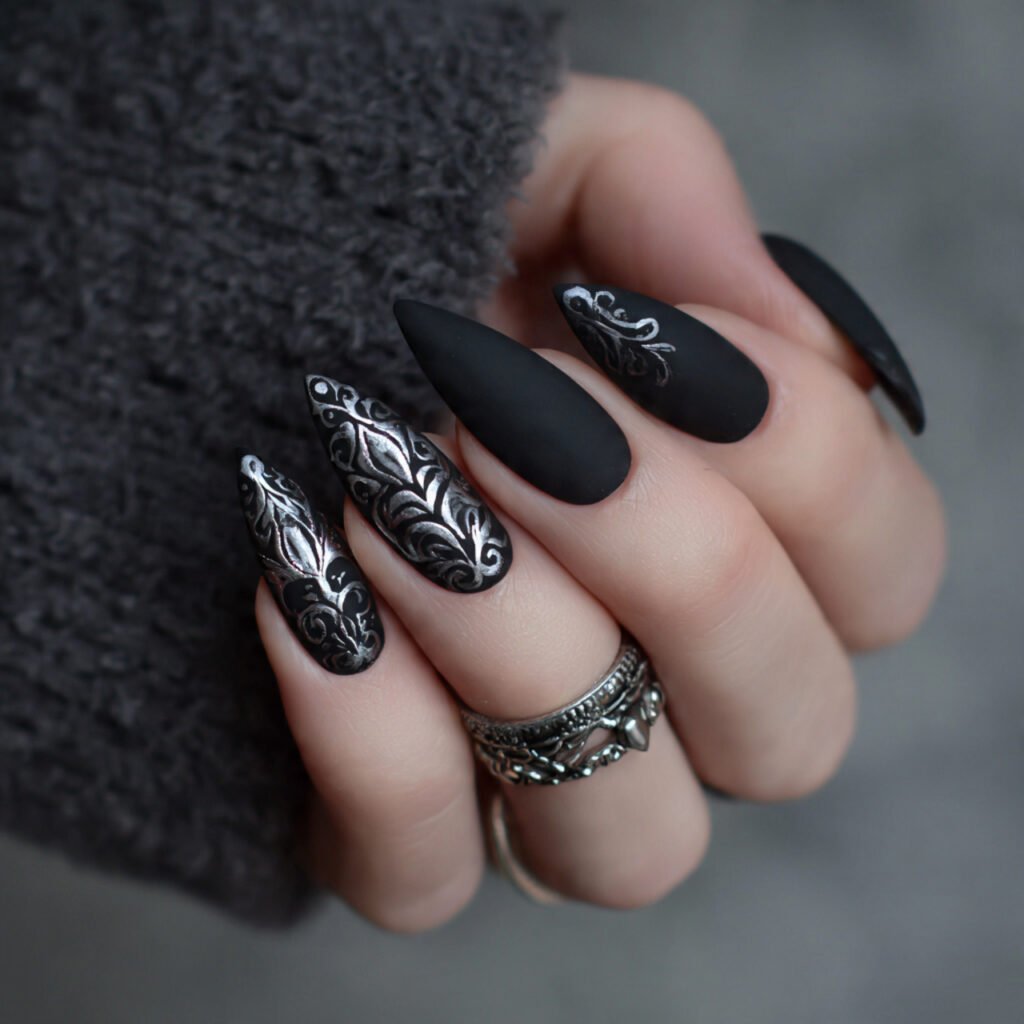matte black with silver accents attrcative nails