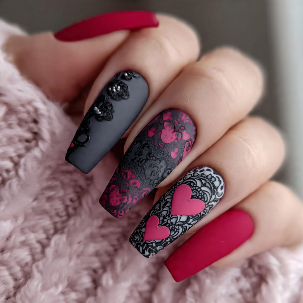 matte with heart stamping attractive nails