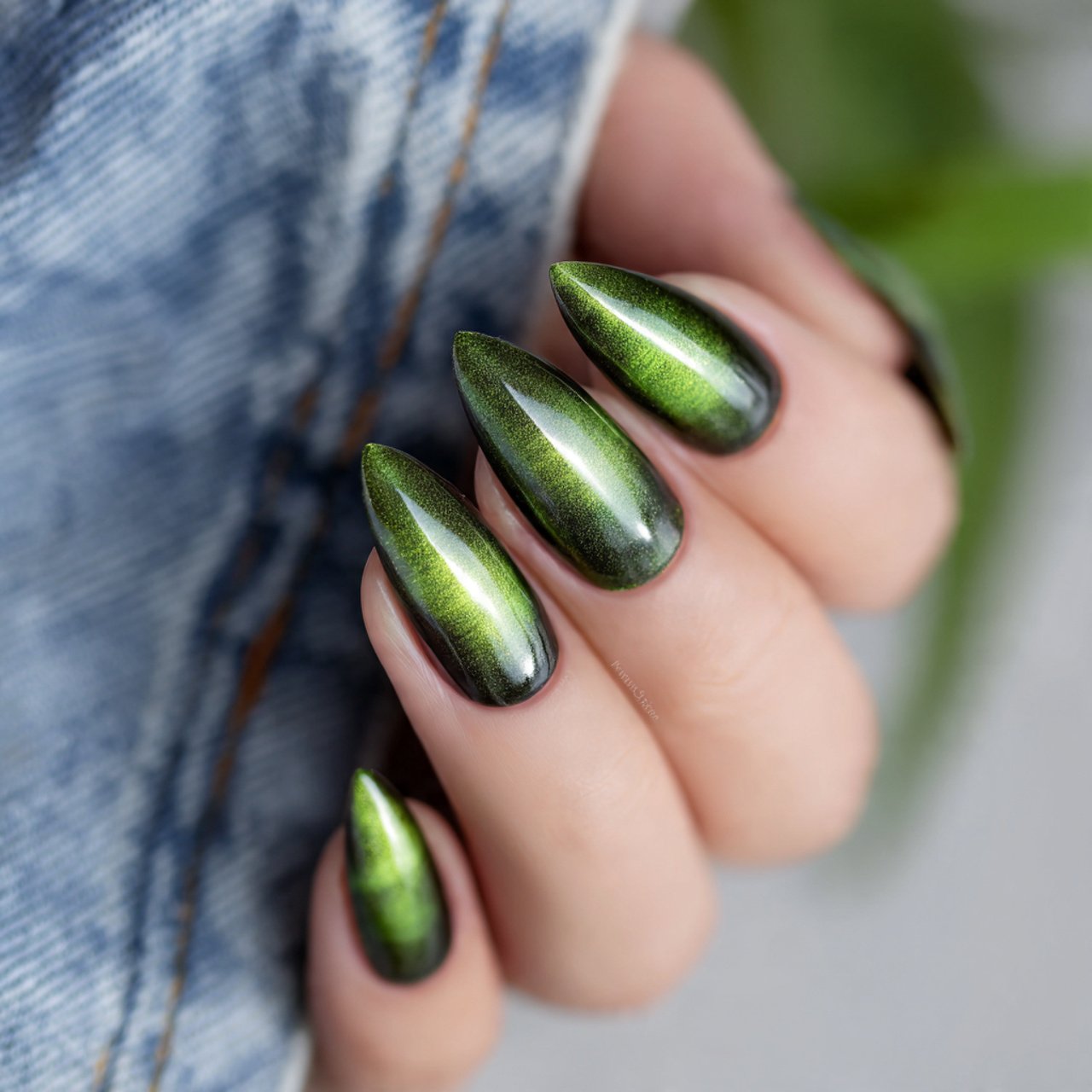 metallic green cat eye nails nature look nails