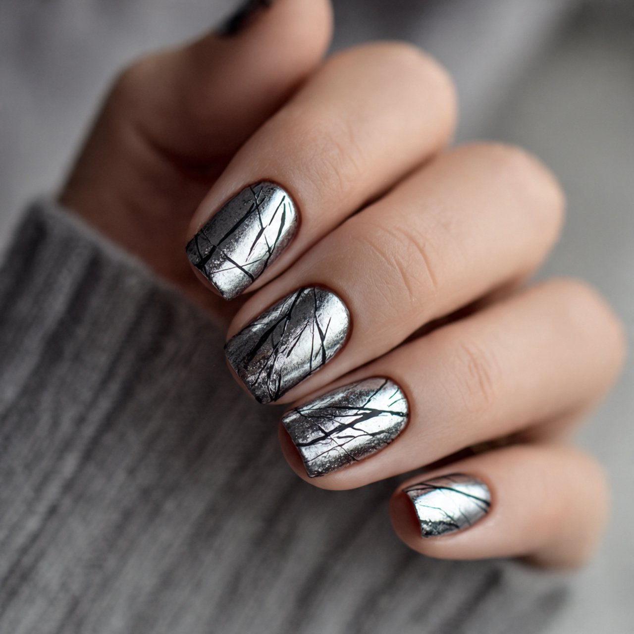 metallic silver strokes attractive nails