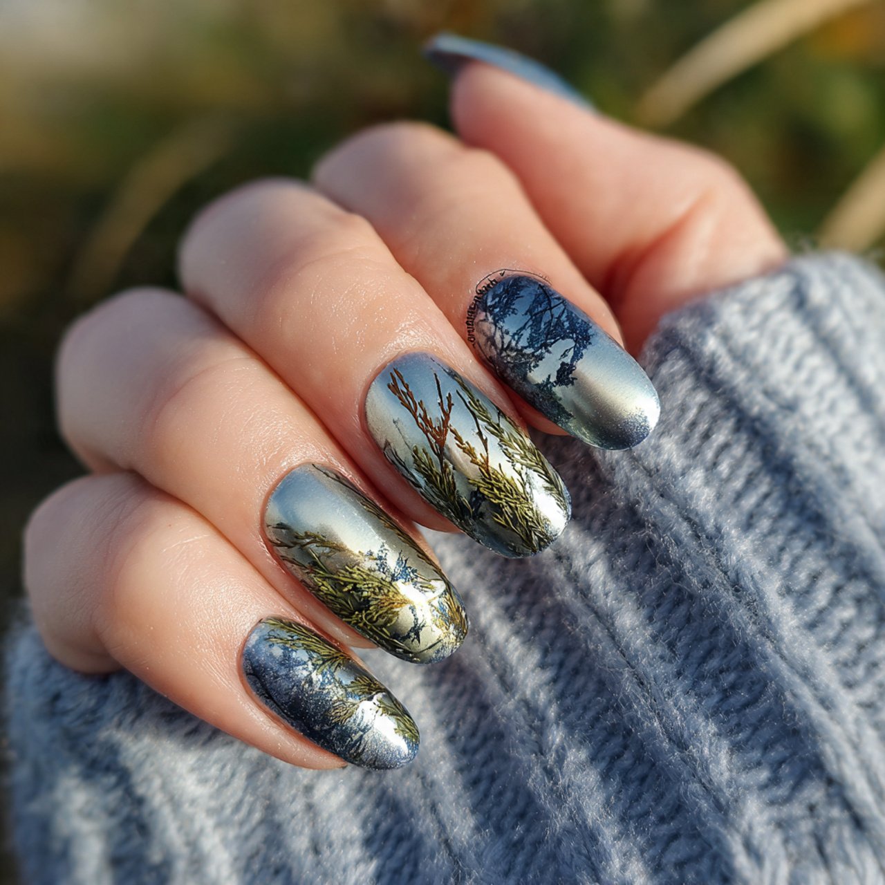 metallic winter nails nature looks nails