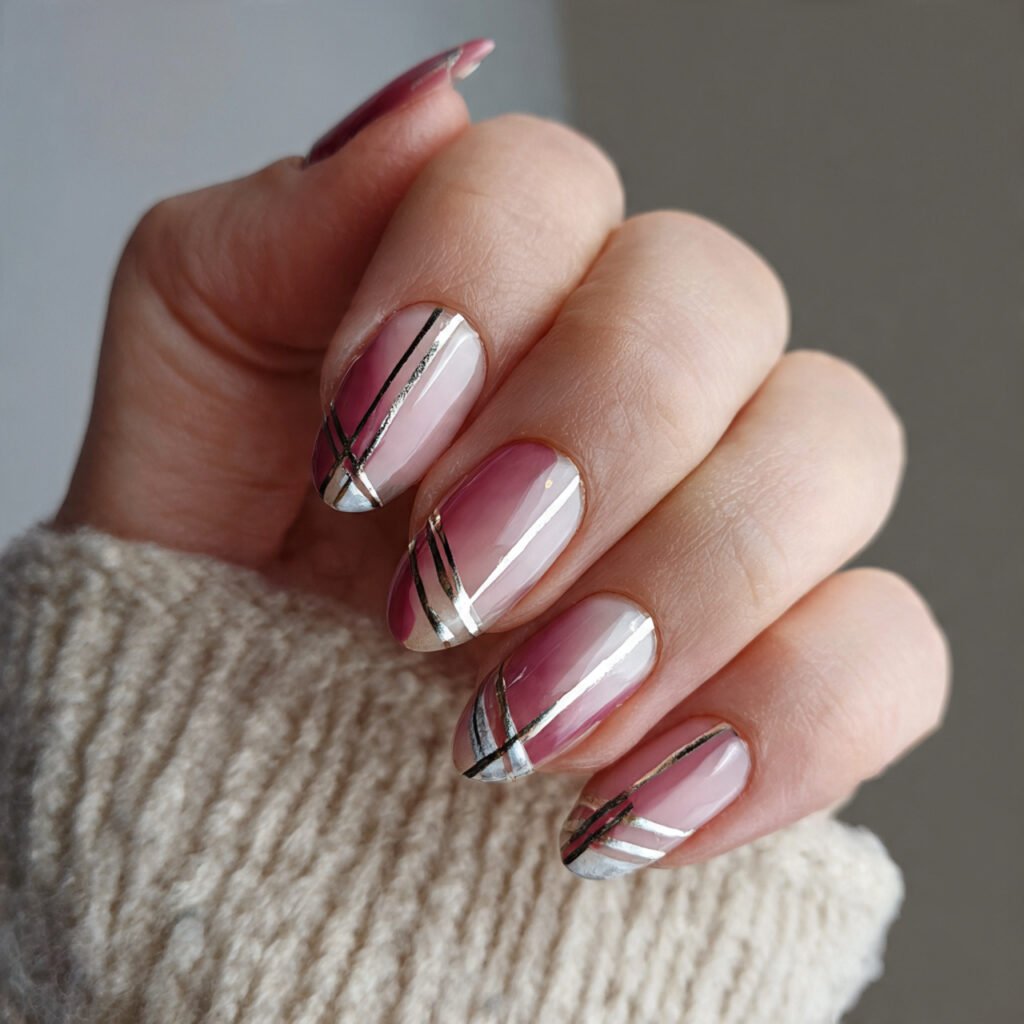 metallic accent lines on clear nails attractive