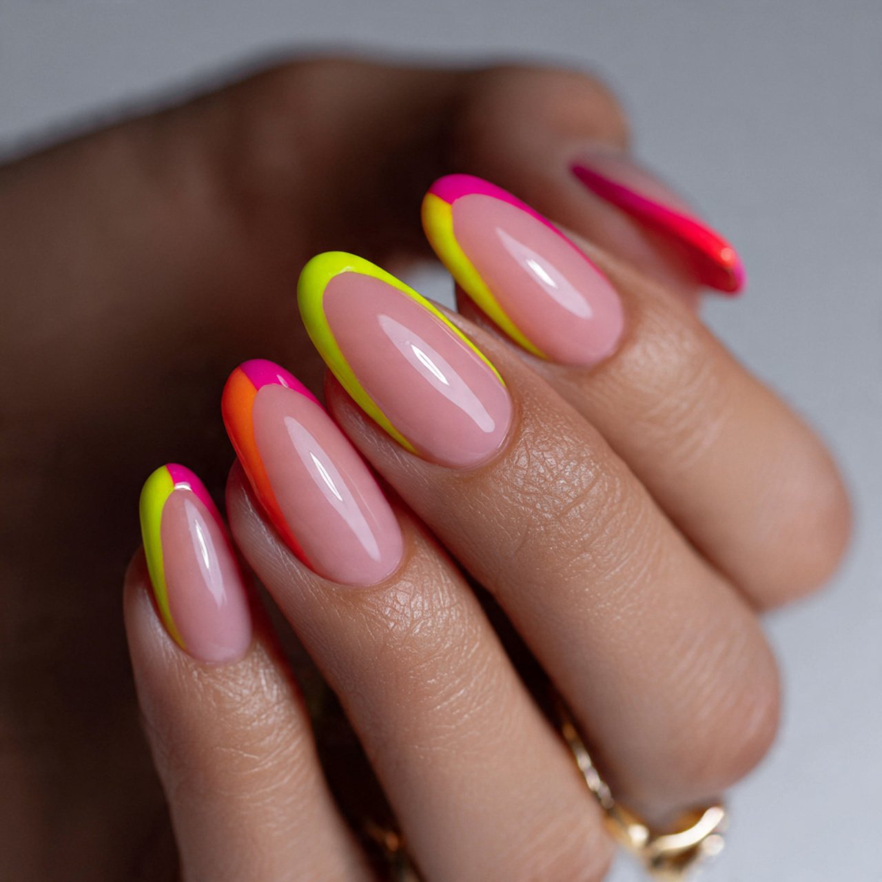 micro french in neon tips on a base attractive nai