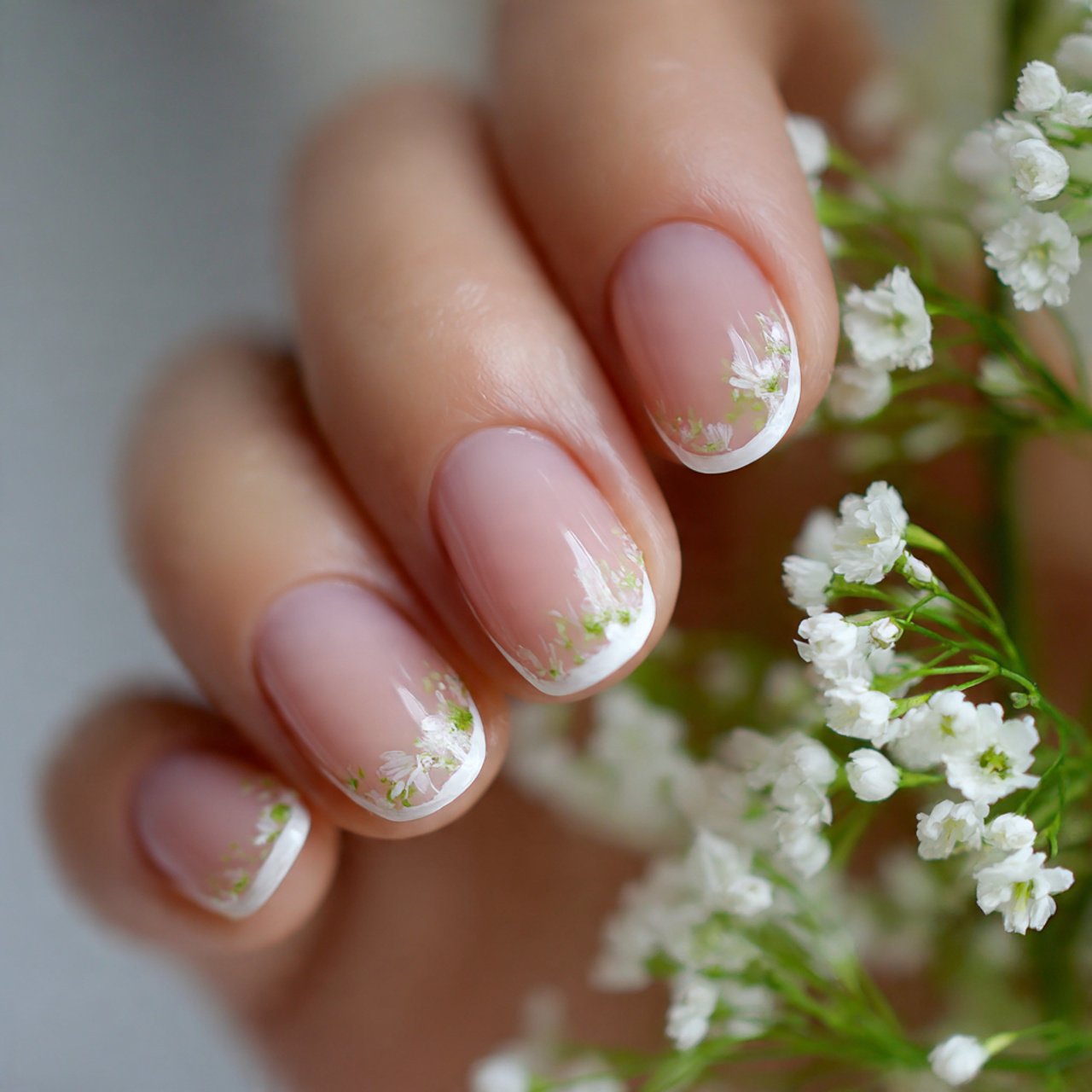 micro white french tip nails on a milky base natur