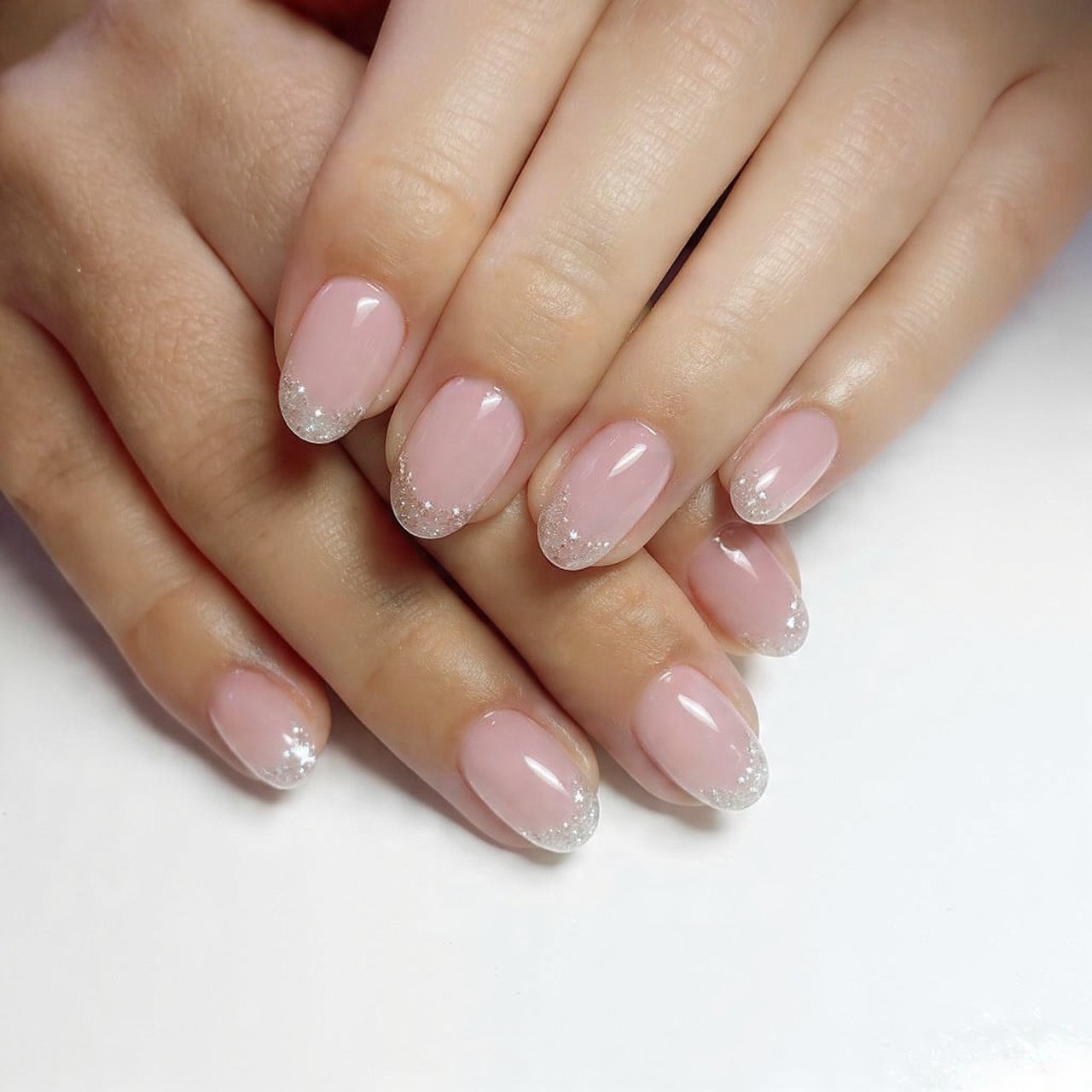 micro french with stardust tips nails