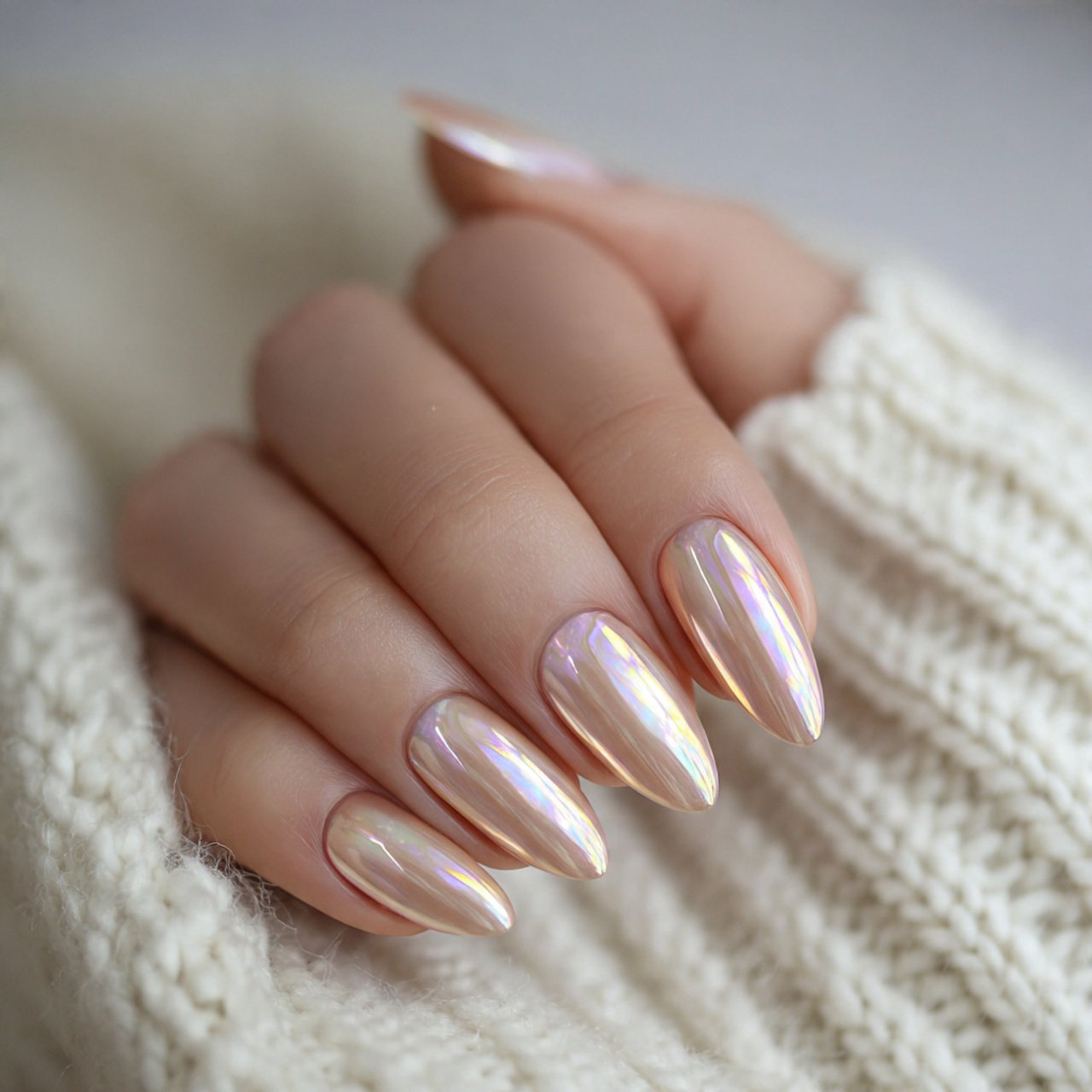 milky glazed beige chrome nails nature looks nails
