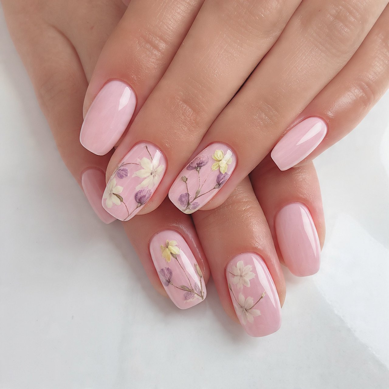 milky pink pressed flower effect attractive nails