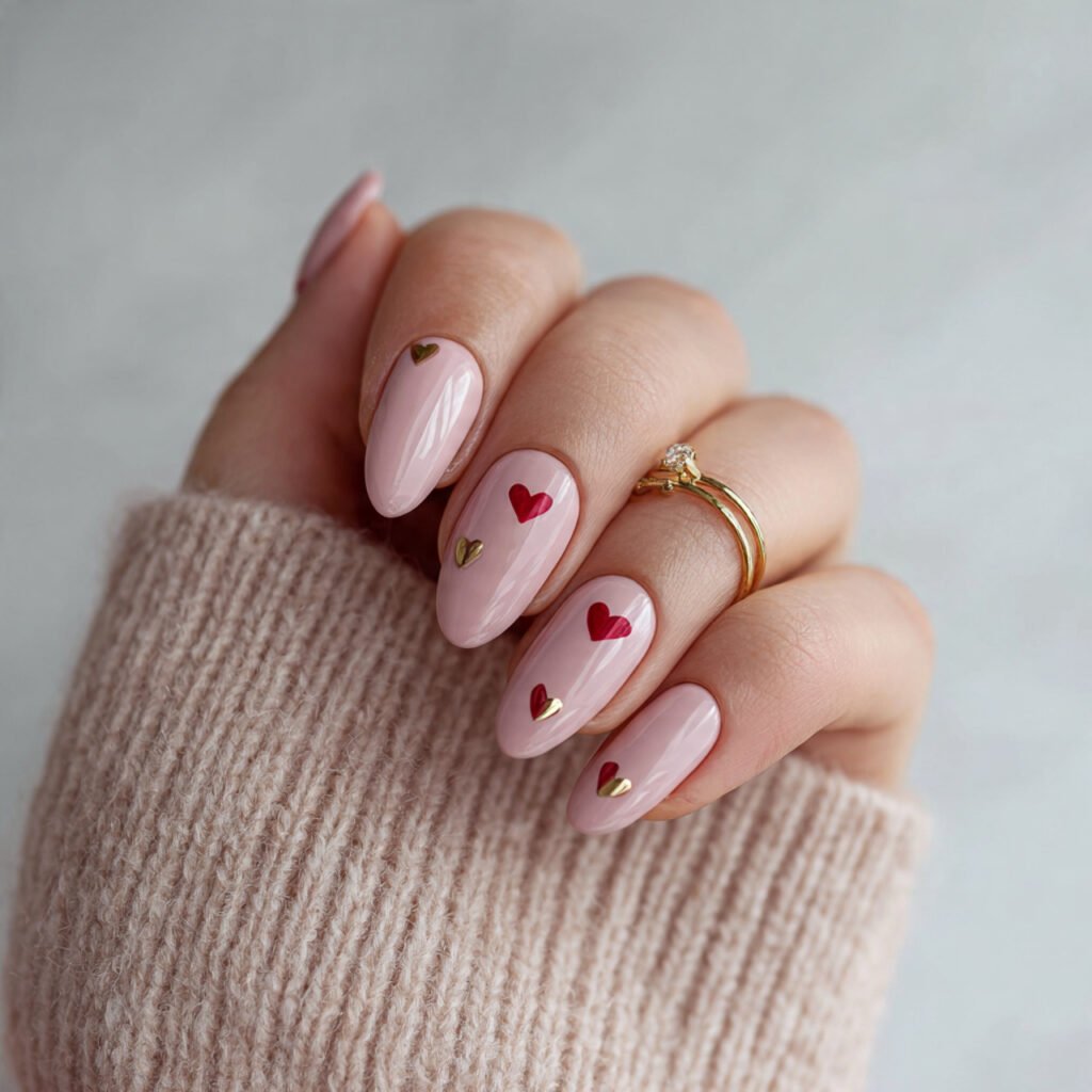 minimal heart accents on pink base one or two nail