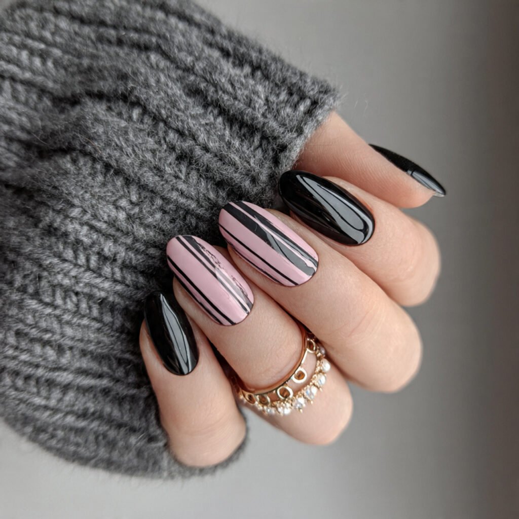 minimalist black pink stripes attractive nails