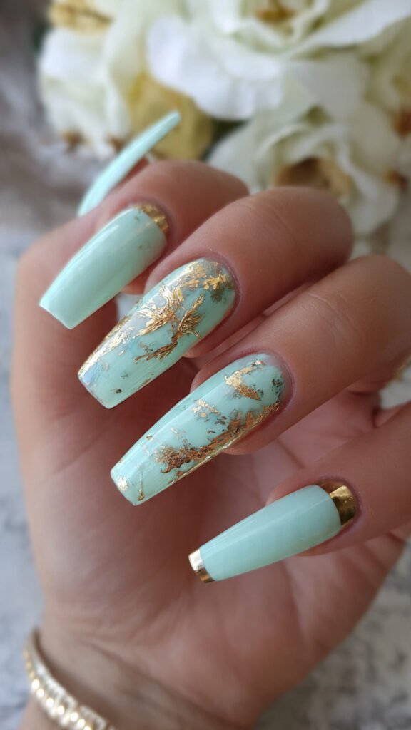 mint green with gold foil accents attractive nails