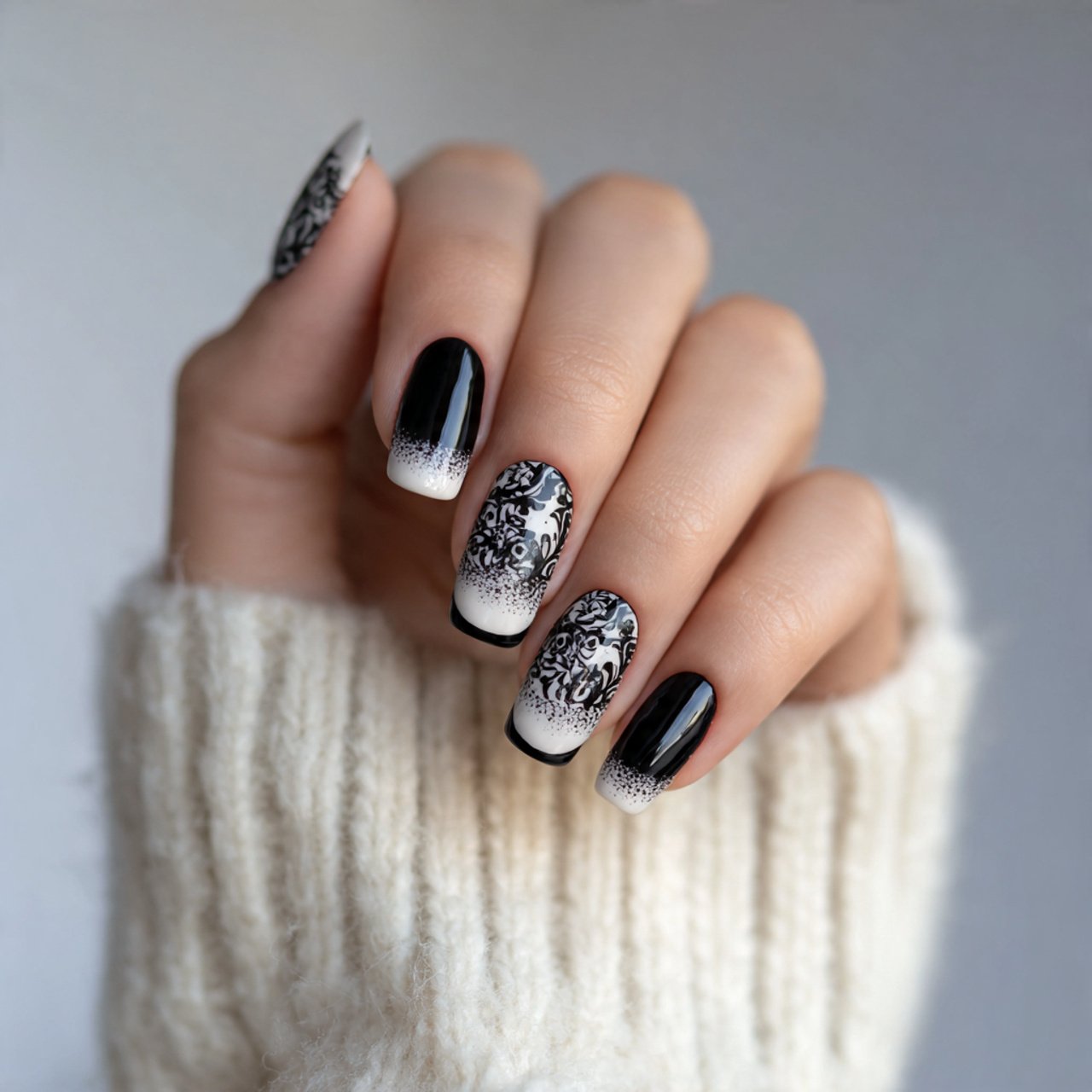 negative space black and white attractive nails