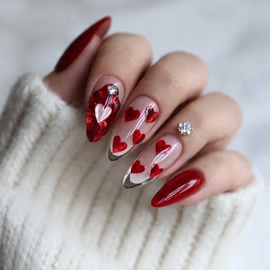 negative space red hearts attractive nails