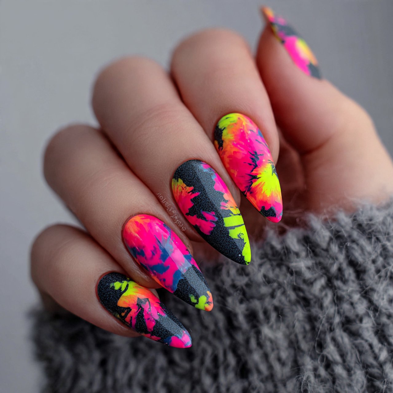 neon almond nails with abstract art nature look na