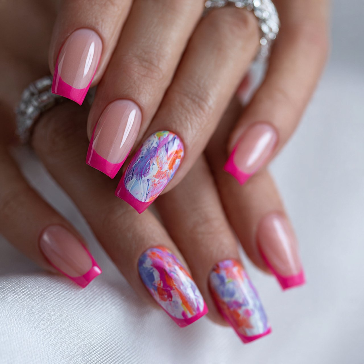 neon pink french tips with abstract art attractive