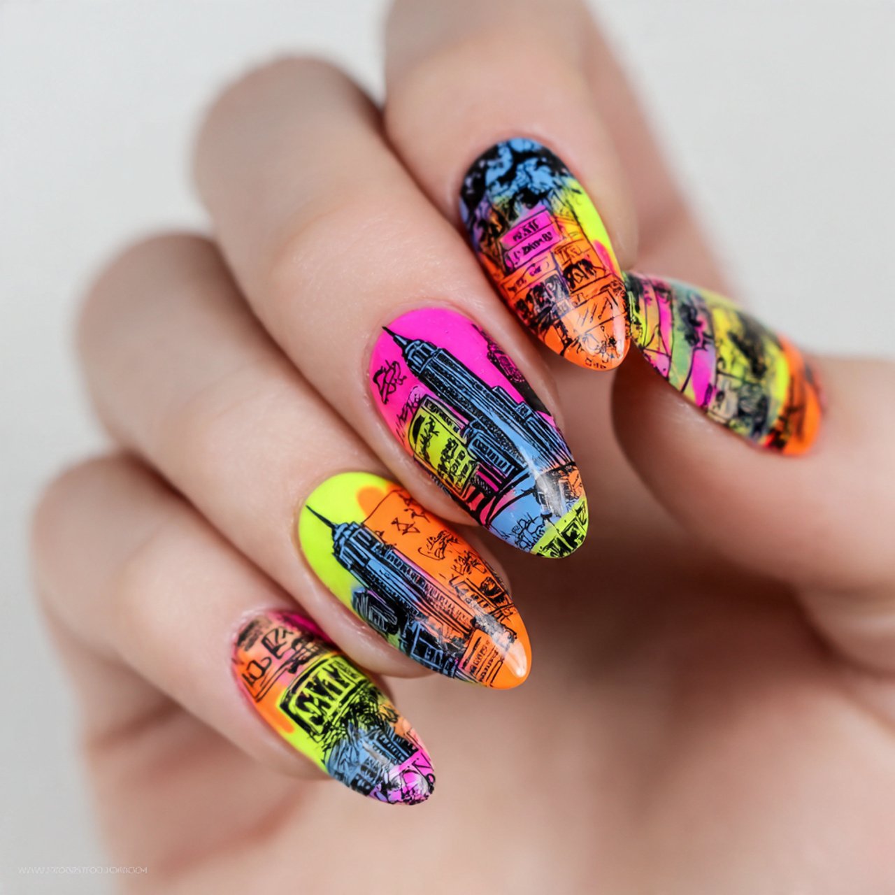 New York Nails: 15 Trendy Designs for the Ultimate Urban Manicure 3 neon pop with nyc graffiti attractive nails