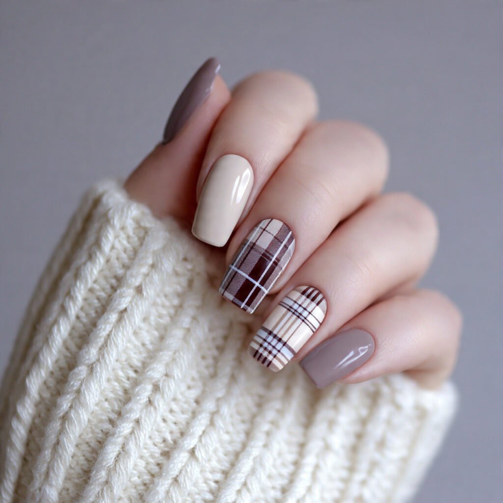 neutral plaid accent set attractive nails