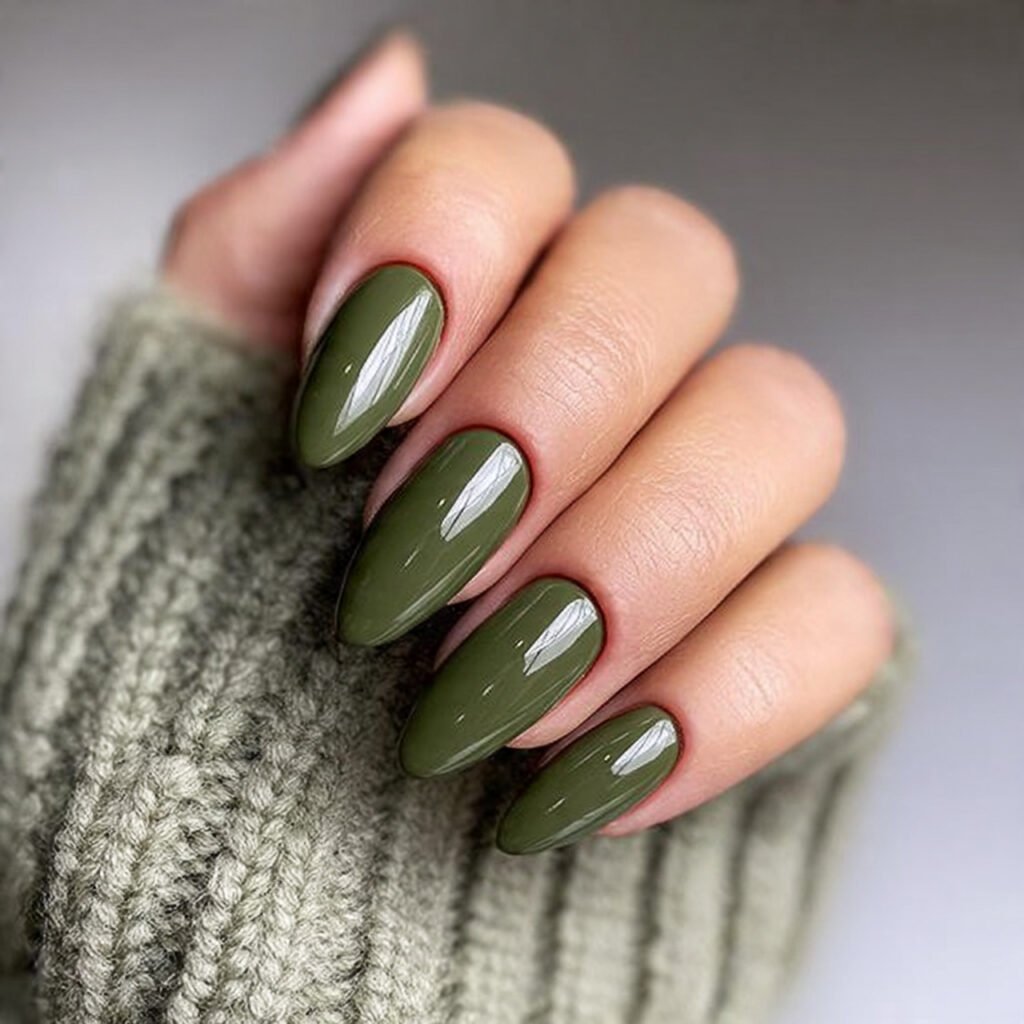 olive green nails with glossy top coat attractive