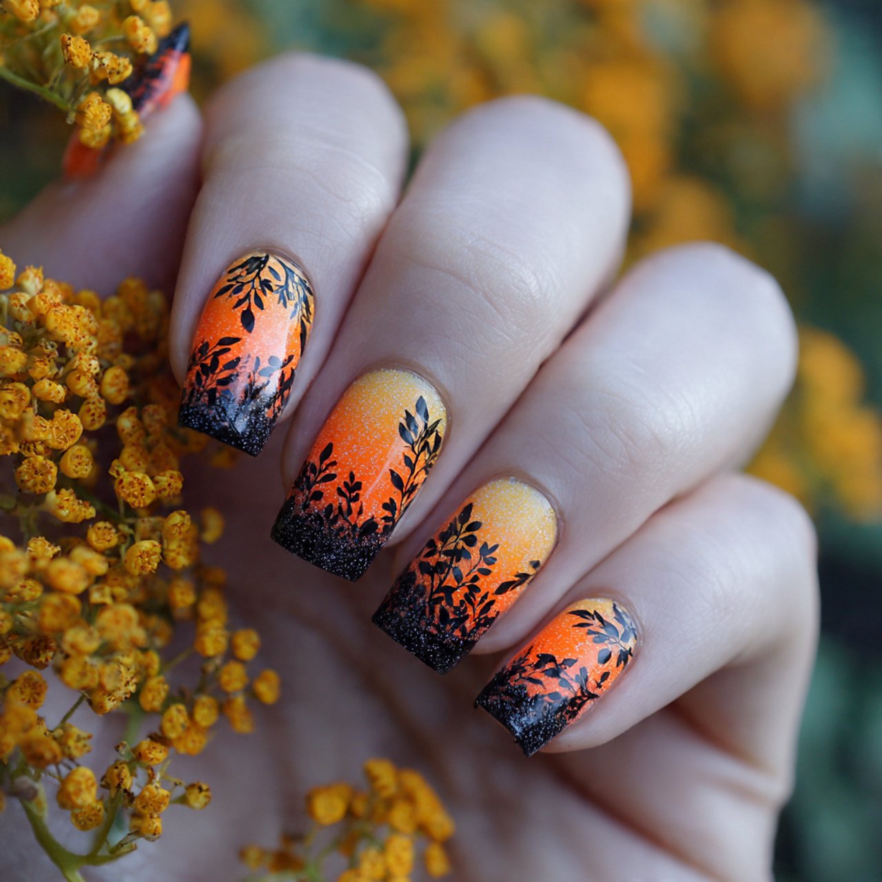 orange and black ombre nature look nails