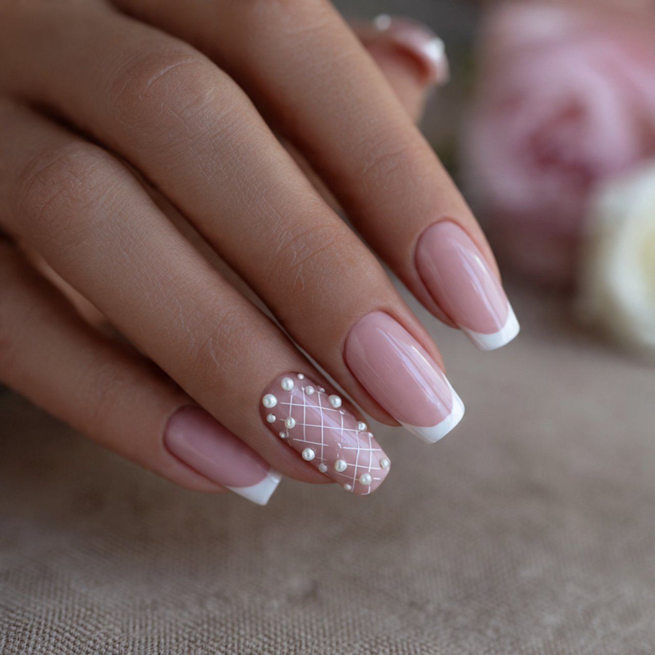 pale pink webbed french with pearl dots creative l