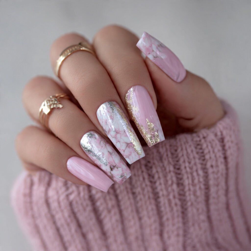 pastel pink with silver foil attractive nails