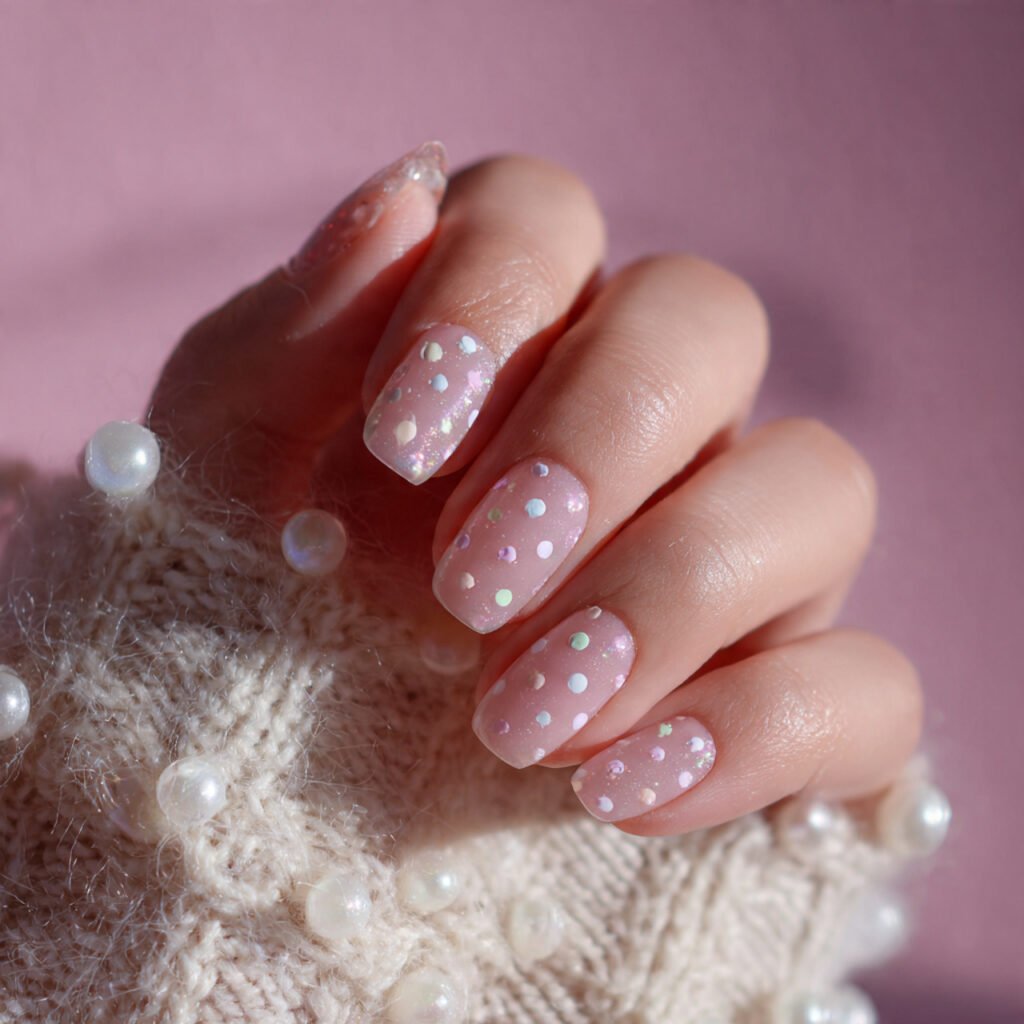 pastel polka dots on sheer pink soft