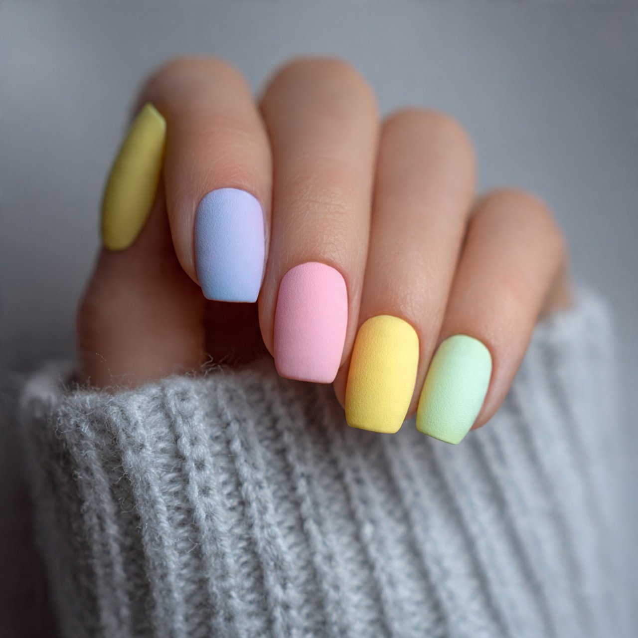 pastel skittle nails with a soft matte
