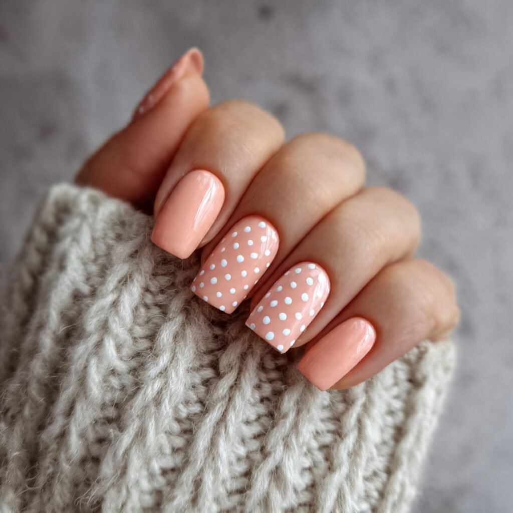 peach and white polka dots attractive nails