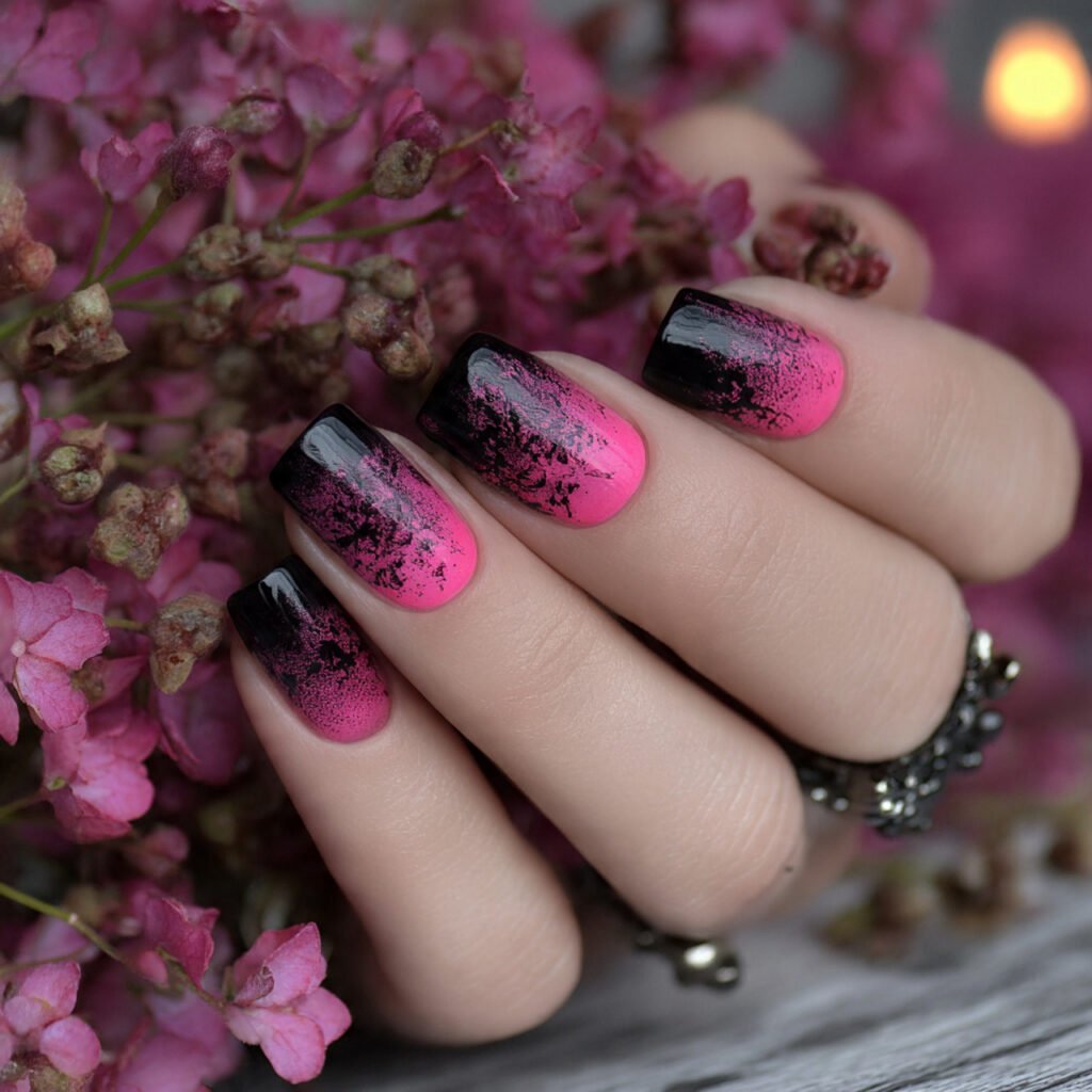 pink and black gradient nails nature looks nails
