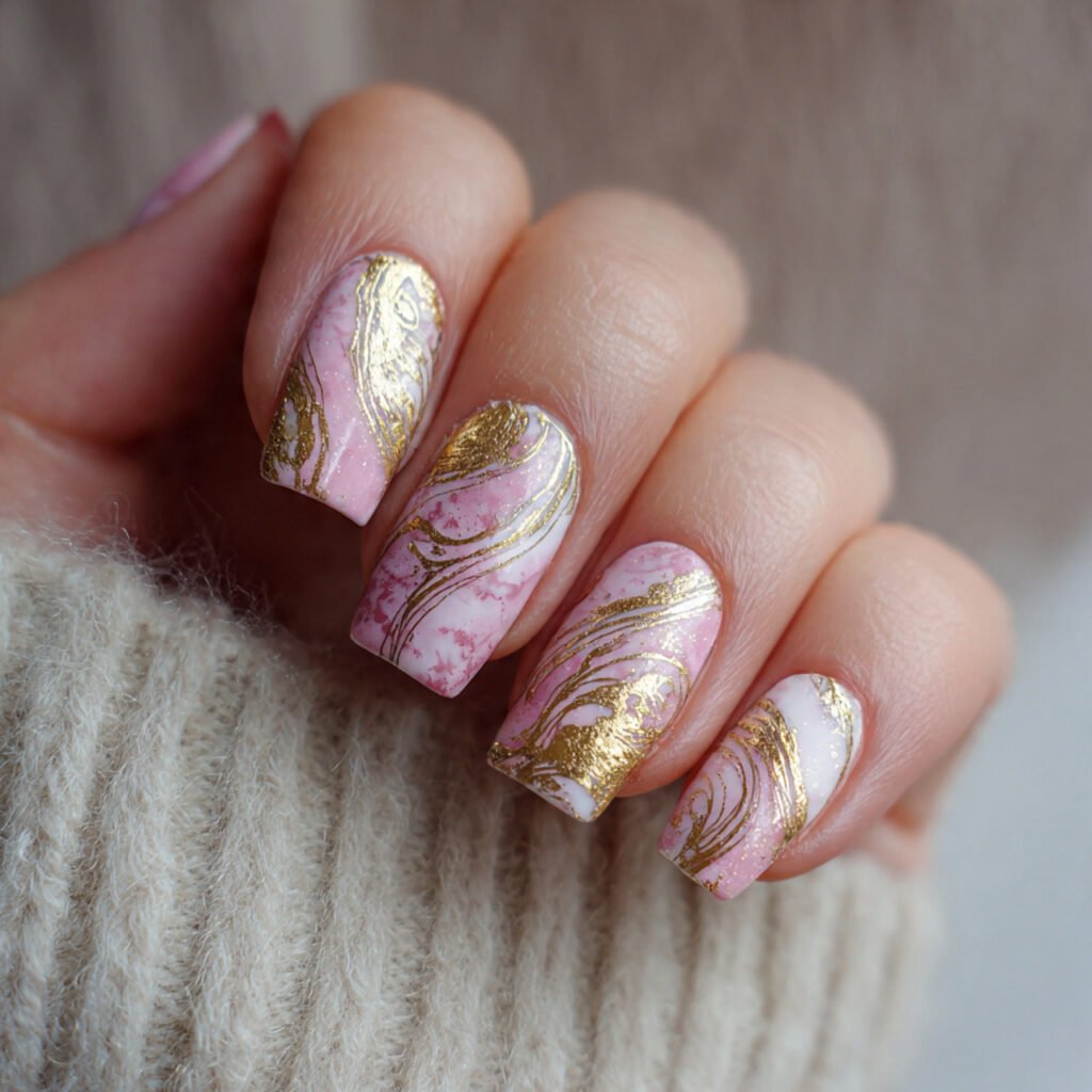 pink and gold foil swirls attractive nails