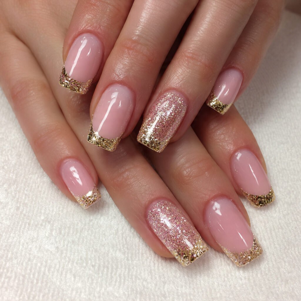 pink and gold glitter french tips attractive nails