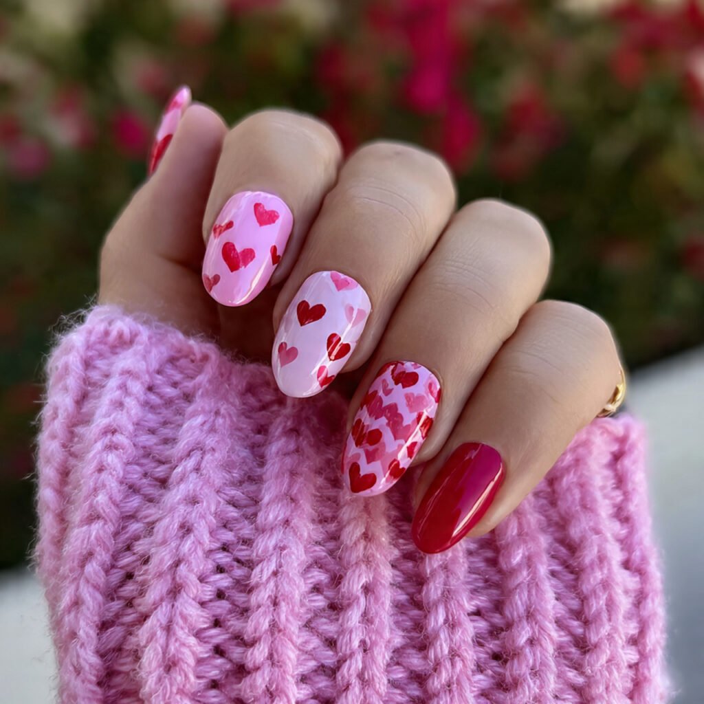 pink and red love heart nails attractive nails