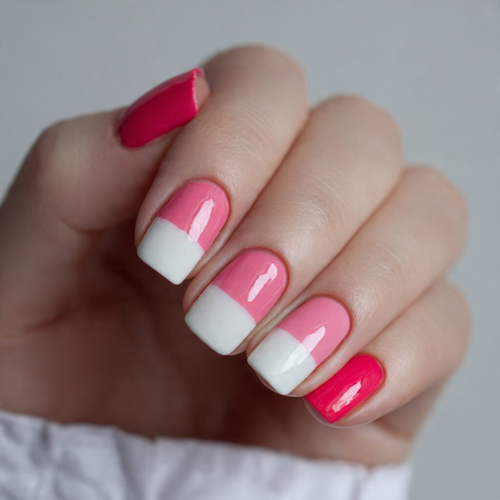 pink and white color blocking attractive nails