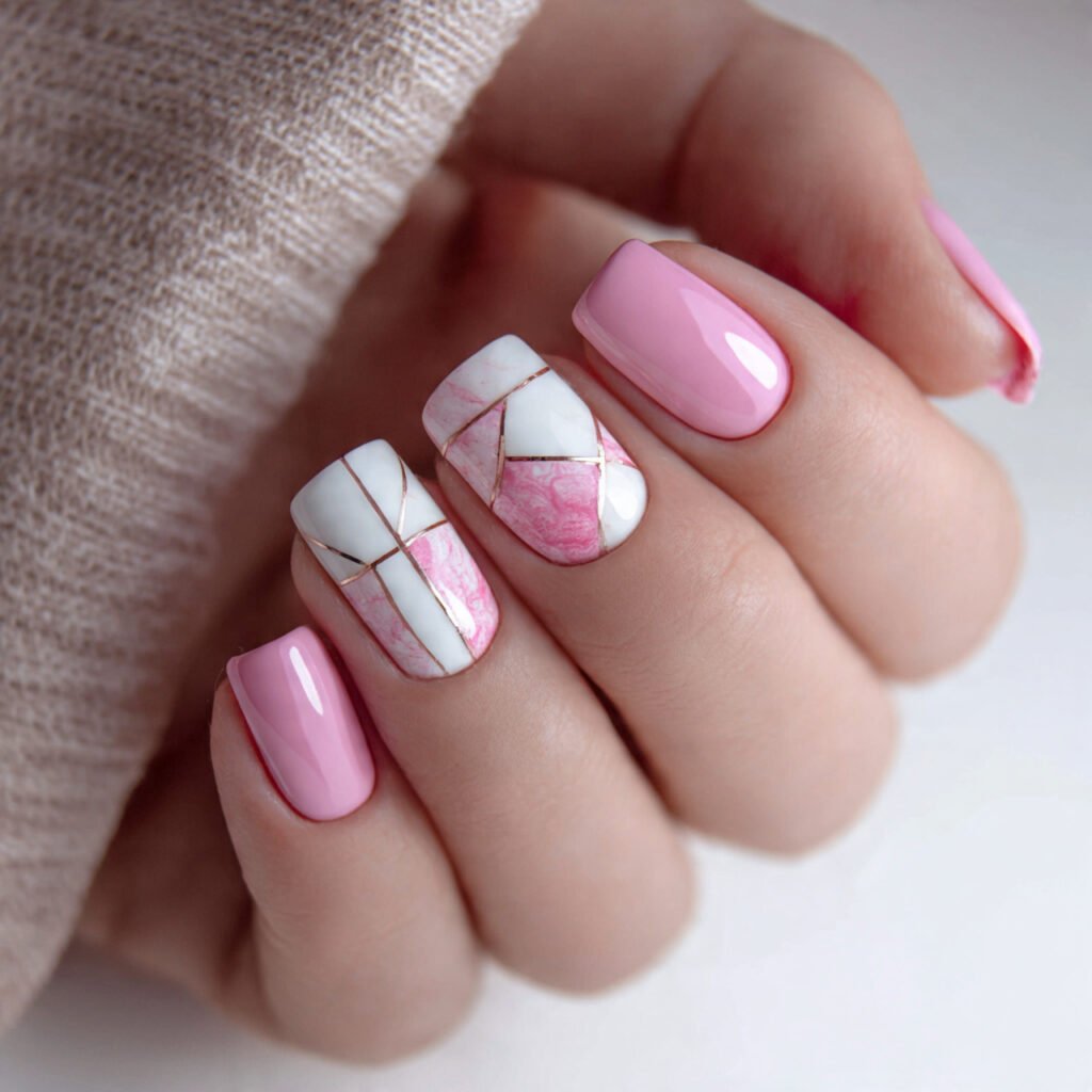 pink and white geometric art attractive nails