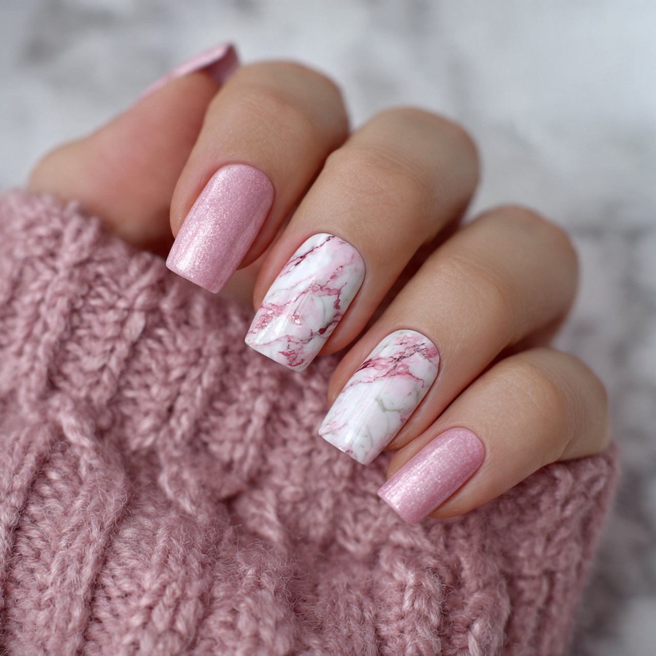 pink and white marble nature look nails