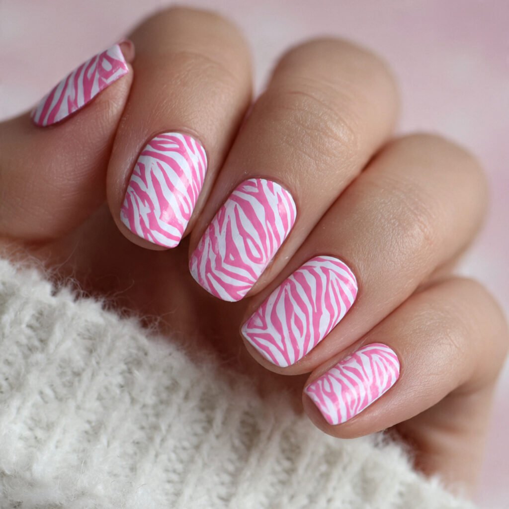 pink and white zebra stripes attractive nails
